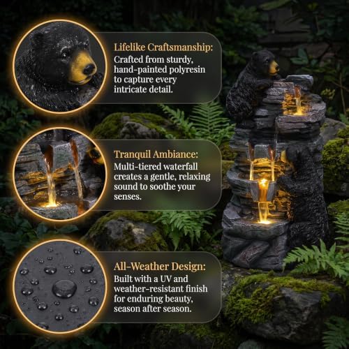 26.38" Bear Waterfall Fountain with LED Lights, Resin Outdoor Water Fountain with Cascading Rock Design, Wildlife Garden Fountain for Patio, Backyard, Porch & Yard, Black and Gray - Image 6