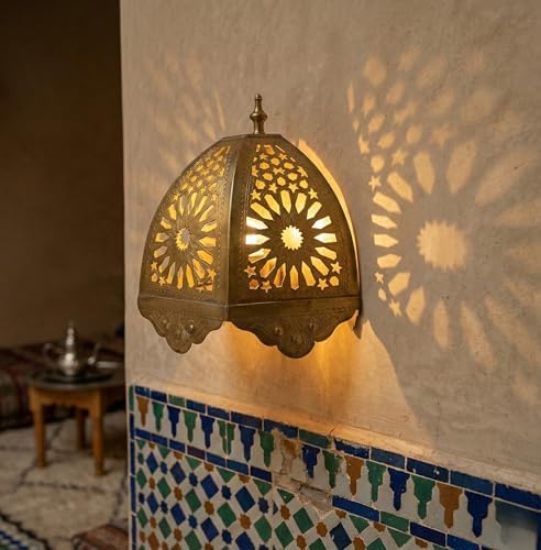Moroccan Brass Wall Lamp Sconce Home Decor, Handmade Lighting Copper Metal Lights Turkish Lamp, Ramadan Candle Lantern, Candle Holder, Indoor Outdoor, Patio, Porch, Shelf, Garden (Atlas) - Image 3