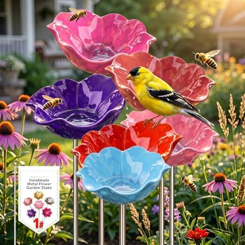 Metal Flower Garden Stakes Bird Bath, Handmade Floral Metal Garden Stakes Decorative, Serving as a Mini Bird Bath & Butterfly Bee Watering Station for Outdoor Lawn & Yard Decor (5pcs Random Color) by Unknown