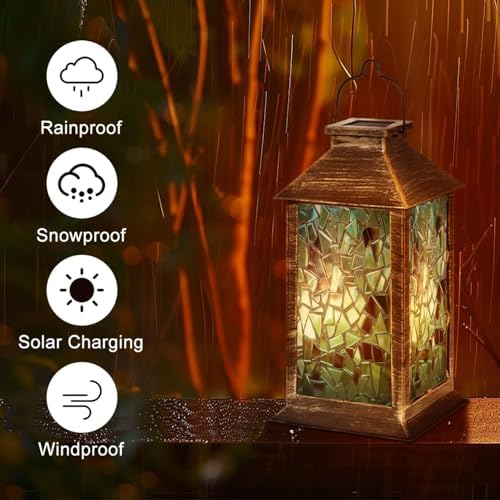 Solar Lantern Stained Glass Window Outdoor Garden Hanging Lantern Waterproof Solar Powered Lighting Outside Table Lamp for Patio Deck Yard Camping Beach House Decor, 1 Pack - Image 5