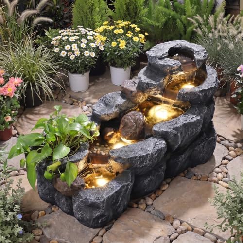 37.4" L Water Fountain Outdoor, 5-Tier Cascading Rock Waterfall, Gray - Image 6