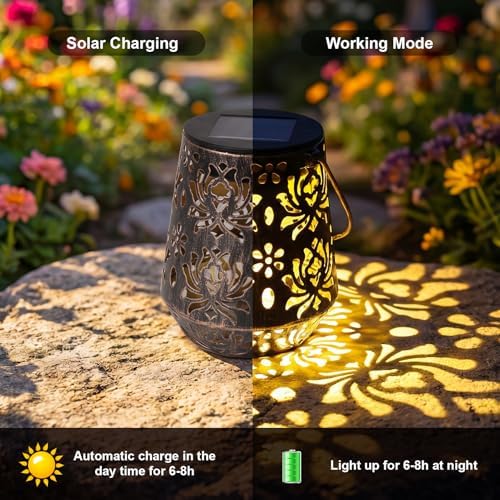 Edenseelake 2 Pack Solar Hanging Lanterns Outdoor Waterproof, Metal Flower Solar Lights, Decorative LED Lantern for Garden, Patio, Porch, Yard, Lawn, Bronze - Image 5