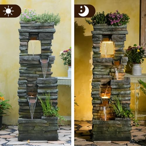 Tankana 60 inches Large Outdoor Water Fountain Waterfall — Garden Rock Fountains 4-Tiered Waterfalls Outdoor with Lights Natural Stone Look Hollow Fountain for Patio Pool Porch Backyard, Stone Gray - Image 3