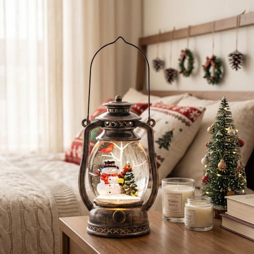 Christmas Snow Globe Lantern with Snowman and Cardinal, Vintage Kerosene-Style Musical Lighted Water Lantern with Swirling Glitter, 6H Timer, USB Powered or Battery Operated, Christmas Decor Gift - Image 7