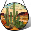 Stained Glass Window Hanging, Green Cactus Sun Catcher for Door Terrace Garden Home Decor, Abstract Desert Landscape Suncatcher Birthday Gifts for Lovers Women Men Dad Mom Nana 11.8 in by JOSUMALY