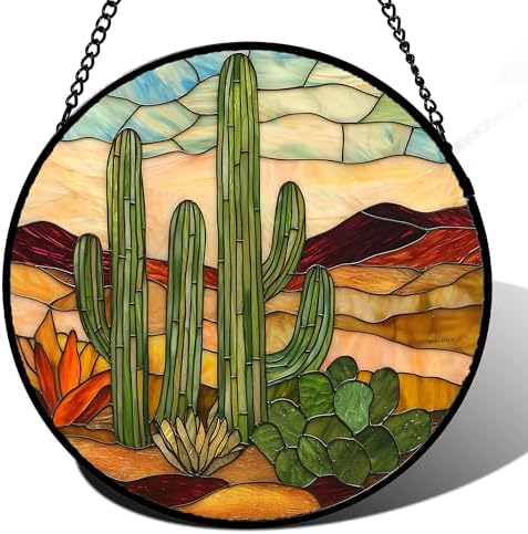 Stained Glass Window Hanging, Green Cactus Sun Catcher for Door Terrace Garden Home Decor, Abstract Desert Landscape Suncatcher Birthday Gifts for Lovers Women Men Dad Mom Nana 11.8 in by JOSUMALY