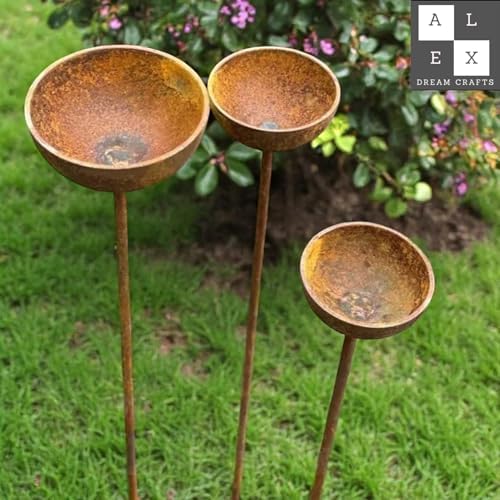 Rustic Metal Rain Catcher Bowl Set of 3 – Weatherproof Outdoor Garden Art, Decorative Iron Bird Bath Stakes, Yard Water Feature, Unique Gift for Nature Lovers - Image 3