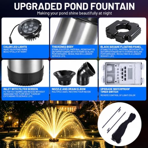 Pond Fountain Aerator with Lights,Pond Fountain with 4 RGB Lights,10 Light Modes,1HP 750W 110V 15000GPH,Stainless Steel Pump with 100FT Power Cord& Timer,Pond Fountains for Large Ponds,Lakes - Image 3