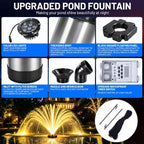 Pond Fountain Aerator with Lights,Pond Fountain with 4 RGB Lights,10 Light Modes,1HP 750W 110V 15000GPH,Stainless Steel Pump with 100FT Power Cord& Timer,Pond Fountains for Large Ponds,Lakes - Image 3