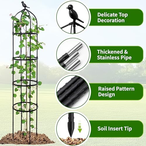 4-Pack 6FT Garden Obelisk Trellis for Climbing Plants,Adjustable 4-Tier Metal Plant Support,Rustproof Outdoor Plant Tower with 3 Decorative Tops for Roses,Tomatoes,Clematis & Vines,Black - Image 3