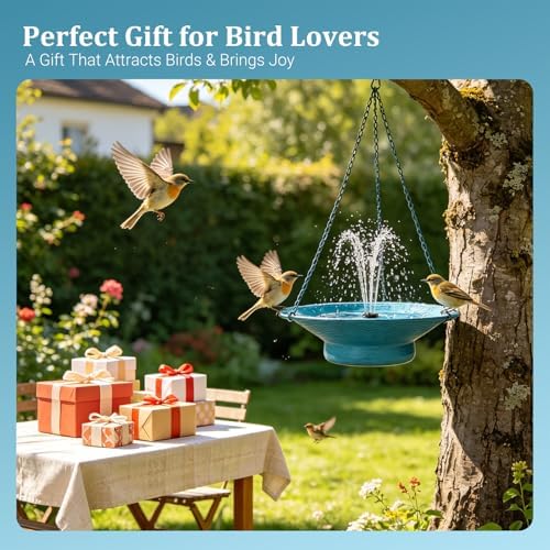 Hanging Bird Bath with Solar Fountain 29.5" H x 12.6" W Upgraded Metal Blue - Image 7