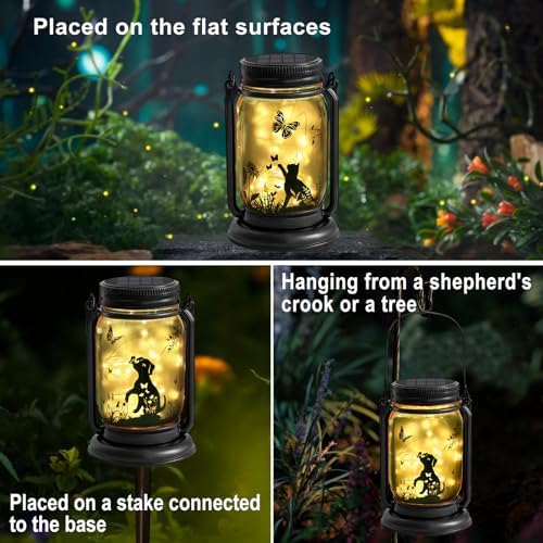 YJFWAL Solar Cat & Butterfly Lanterns Outdoor Waterproof - Cat Lover Gifts for Women Mom Grandmom Birthday Mothers Day, LED Hanging Mason Jar Fairy Lights for Garden Yard Patio Decor - Image 2