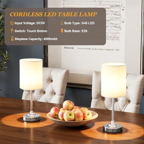 Touch Control Cordlss Table Lamp, USB-C Rechargeable Lamp with Stepless Dimming, 4000mAh Battery Operated Bedside Lamp for Bedroom, Living Room, Night Light & Emergency Lighting, Silver, 2 Pack - Image 4