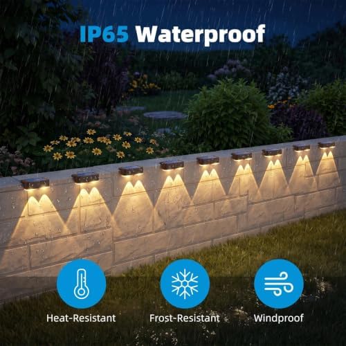 Peasur 12 Pack Solar Fence Lights Outdoor,Deck Light Solar Powered, IP65 Waterproof Led Riling Solar Lights Brown Frame for Outside Yard Step, Wram White - Image 4