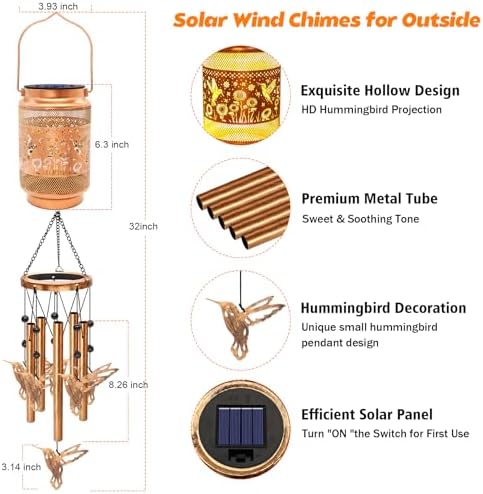 Hummingbird Solar Wind Chimes for Outside, Gifts for Mom Women Grandma Birthday Memorial Teacher, 32" Windchimes Outdoor Decor Hanging Solar Lantern for Garden Porch Patio Backyard - Image 2