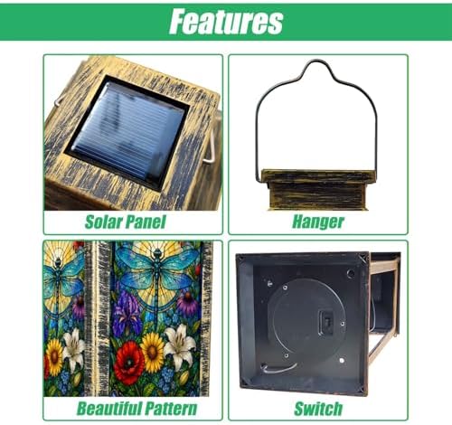 Solar Lantern Blue Dragonfly Stained Glass Colorful Floral Outdoor Waterproof Hanging Solar Light Outside Lights for Patio Yard House Lawn Decor Birthday Gifts for Women Mom - Image 3