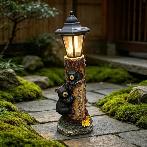 Solar Bear Garden Statue with Welcome Sign, 19" Resin Bear Family in Tree Trunk, Outdoor Solar Light Wildlife Lawn Ornament for Yard, Patio, Porch, Cabin & Front Door Decor by Unknown