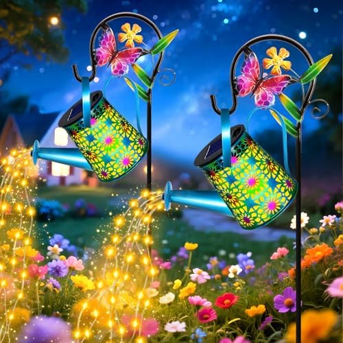 Solar Lights Outdoor Decorative, 2 Pack Blue Metal Watering Can with Lights by VOOKRY