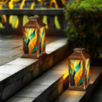 Solar Lantern Outdoor Waterproof Solar Powered Colorful Stained Glass Window Abstract Stained Glass Art Nouveau Hanging Lantern for Garden Patio Deck Yard Camping Tabletop Decor Lighting - Image 6