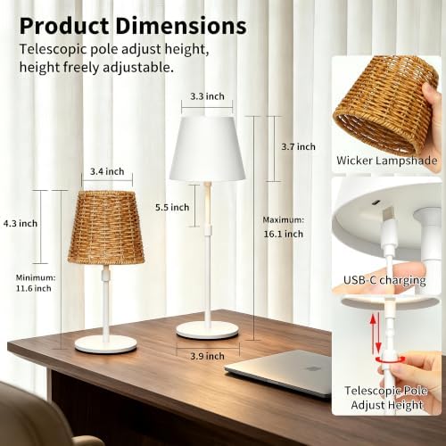 Outdoor Waterproof Rechargeable Cordless LED Table Lamp with Telescopic Pole and Wicker Shade, 5200mAh Touch Dimmable Battery Operated Table Light for Patio Restaurant Kitchen (White) - Image 3