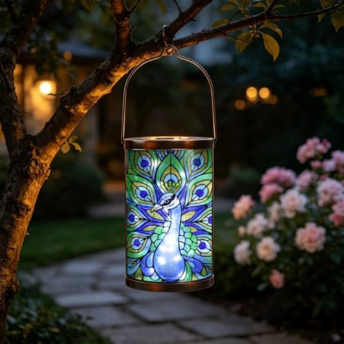MUMTOP Peacock Glass Solar Lantern Waterproof Outdoor Hanging Garden Light by MUMTOP