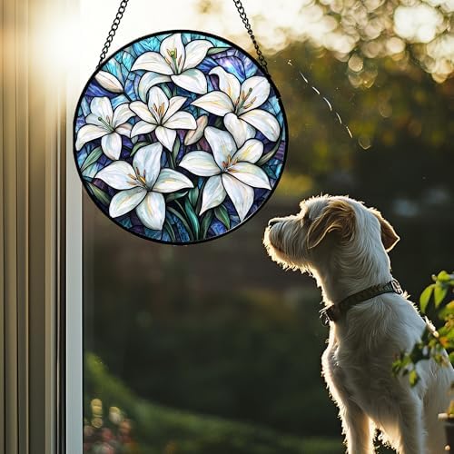 Stained Glass Window Hanging - White Lily Flowers Suncatcher for Door Terrace Garden Home Decor Blue Purple Sun Catcher Birthday Gifts for Lovers Women Men Dad Mom Nana 9.8 in - Image 3