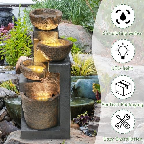 4-Tiers Cascading Rock Outdoor Fountain with LED Light Beige - Image 5