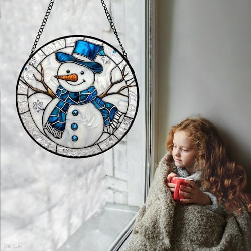 Blue Snowman Stained Glass Window Hanging Suncatcher Winter Gifts 15" - Image 5