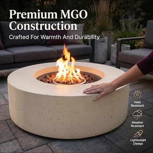 Outdoor Propane Fire Pit Table for Outside Patio, 39 Inch Concrete Fire Pit Table, Round Gas Fire Pit for Garden, Pool, Backyard, 50,000 BTU, Free Lava Rocks, Light Gray - Image 4