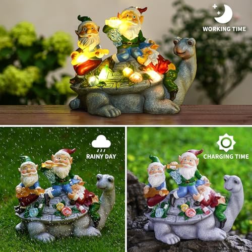 Upgraded Size Solar Garden Outdoor Statues Gnome Turtle Three Gnomes Having Party on Turtle with 7 LED Lawn Decor Outside Decorations for Patio, Balcony, Yard Ornament Unique Garden Gift - Image 3