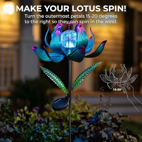 38 Inch Solar Wind Spinner Outdoor, Kinetic Lotus Yard Art with Glass Light - Image 6
