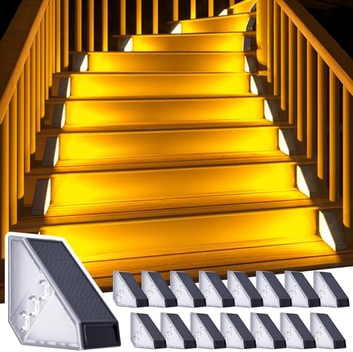ROSHWEY Solar Stair Lights Outdoor Waterproof, 16 Pack Step Lights for Outside, Triangle Solar Powered Step Light for Deck, Front Porch, Backyard, Patio Decor, Warm White by ROSHWEY