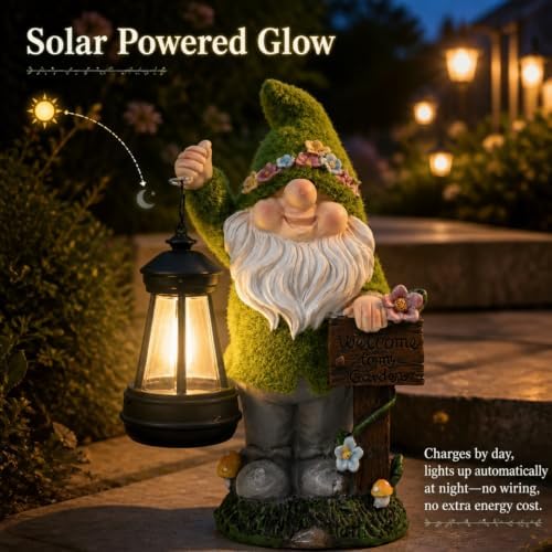 Solar Garden Gnome Statue with Welcome Sign, Light for Yard Lawn Patio - Image 2