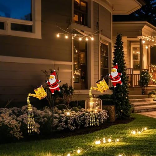 2 Pack Solar Christmas Lights Outdoor - Creative Santa Claus with Watering Can Solar Lights, Metal Waterproof Garden Stake Lights for Yard, Lawn, Patio, Pathway Holiday Decor (Warm White) - Image 5