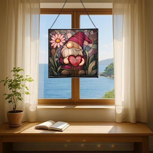 Valentine Gnome Hug Stained Glass Suncatcher – Square Hanging Window Panel for Home or Greenhouse – Whimsical Glass Art Gift for Garden Lovers, Christmas, Halloween, Father Days qaXrWI - Image 6