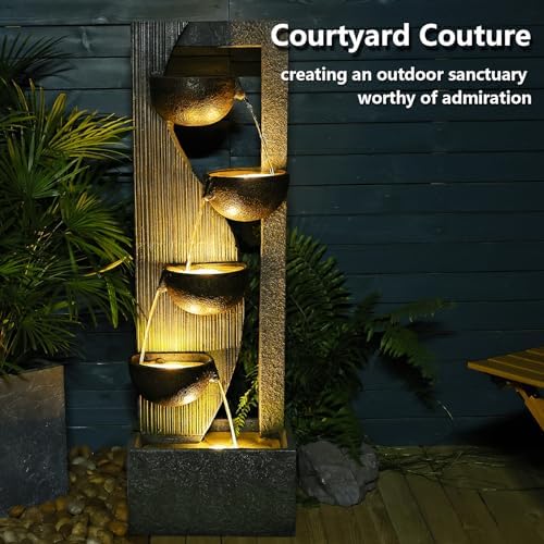 Sunlinua Garden Water Fountains Outdoor 5 Tiered Cascading Bowl Modern Waterfall Fountain with LED Lights, Natural Stones for Garden, Living Room, Patio, Yard Art Decor, 16.3" L * 10.8" W * 49.2" H - Image 2