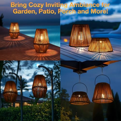 Uspring 2 Pack 3-in-1 Solar Lanterns Outdoor Waterproof Rattan Woven Hanging Solar Lights for Outside with Bright Lamp & LED Bead & 4 Handles, Garden Gifts Decor for Women Mom Patio Yard Porch - Image 6