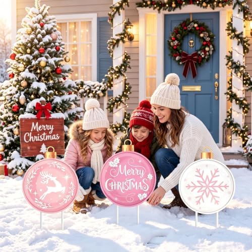 Drydiet 3 Pack Metal Christmas Yard Signs Decor Xmas Yard Stakes Outdoor with Stakes for Holiday Outdoor Garden Lawn Pathway Decoration (Pink Ball) - Image 4
