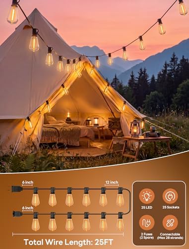 25FT LED Outdoor String Lights, ST38 Patio Lights Waterproof with 25 Shatterproof Edison Bulbs, Connectable Outside Hanging Light for Porch, Garden, Backyard, Deck, Balcony, Decor, 2700K Warm White - Image 2