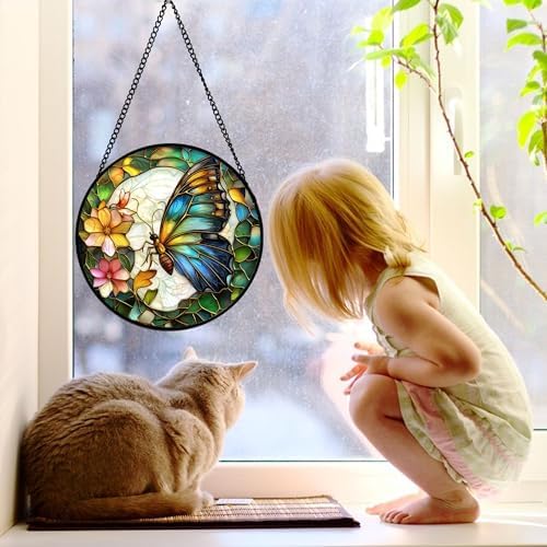 Green Butterfly Flower Stained Glass Window Hanging Suncatcher Gifts 15" - Image 4