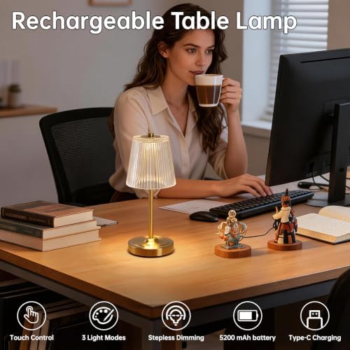 Shenmoyl Cordless Touch Table Lamp with 5200mAh Battery - 3 Adjustable Color Temperatures & Dimmable, Rechargeable Lamp for Bedroom, Living Room, Office, Entryway, Bookshelves (Transparent Stripe) - Image 4