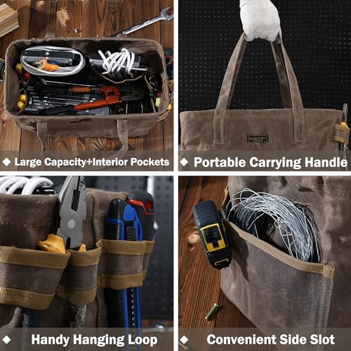 Tool Bag, Foldable Rectangular Hand Tool Storage Bag, 16OZ Waxed Canvas Tool Bag Case - with External Pockets + Sturdy Handles + Top Metal Bar - for Carpenter Repairman Gardener | Grey | 15"Lx7"Wx10"H - Image 5