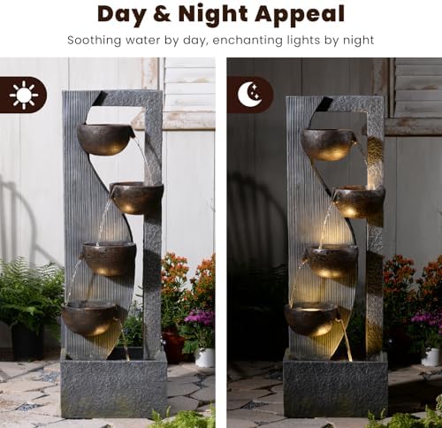 5-Tier Cascading Outdoor Fountain with LED Lights, 49.2" Tall Resin Waterfall Fountain for Garden, Patio, Backyard - Freestanding Water Feature - Image 3