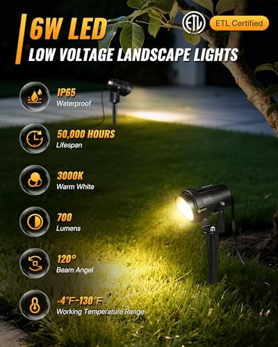 6W 700LM Low Voltage Landscape Lighting, 12V AC/DC 3000K Warm White LED Low Voltage Landscape Lights, IP65 Waterproof Outdoor Spotlights with Connectors for Garden Tree Yard 10Pack W01SLP1006 - Image 2