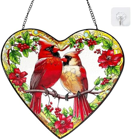 Artisan Stained Glass Cardinal Suncatcher, Heart Shaped Window Hanging Decor, Romantic Red Bird Art Ornament for Home & Garden, Perfect Valentine's Day by Unknown