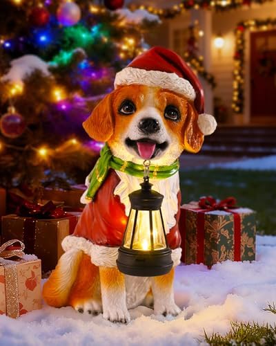 Pohabery Christmas Dog Garden Statue with Solar Lantern – Santa Dog Figurine in Red Coat & Hat, Outdoor Christmas Yard & Porch Decorations, Balcony & Lawn Decor, for Dog Lovers by Pohabery