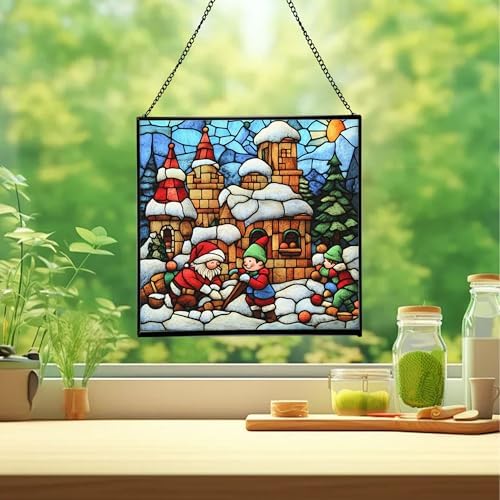 Gnome with Snow Fort Stained Glass Suncatcher – Square Hanging Window Panel for Home, Garden, Nursery, Halloween, Christmas, Memorial Day – Whimsical Glass Art Gift for Gnome Lovers l8j02f - Image 2