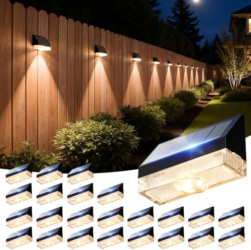 VOLISUN Fence Lights Solar Powered, Dusk to Dawn Solar Fence Lights Outdoor Waterproof with Warm White LED Spot Lens, Solar Light for Fence, Yard, Wall, Backyard, Railing, Deck, and Patio, 24 Pack by VOLISUN