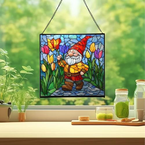 Gnome with Tulip Parade Stained Glass Suncatcher – Square Hanging Window Panel for Home or Greenhouse – Whimsical Glass Art Gift for Garden Lovers, Christmas, Halloween, Father Days ScCBi1 - Image 2
