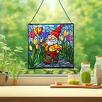Gnome with Tulip Parade Stained Glass Suncatcher – Square Hanging Window Panel for Home or Greenhouse – Whimsical Glass Art Gift for Garden Lovers, Christmas, Halloween, Father Days ScCBi1 - Image 2